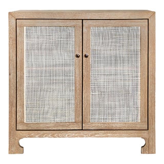 Matthew Izzo Home Alden Cerused Oak and Cane Two Door Cabinet With Brass Knobs For Sale