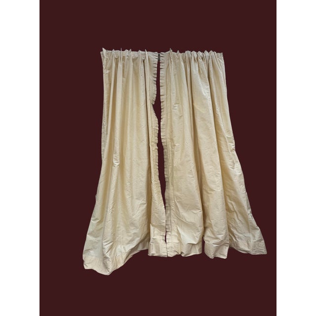 Custom cream colored hand woven silk drapery panels. Pinch pleated, lined with 2” leading edge pleat and a 4” hem. 2 pairs...