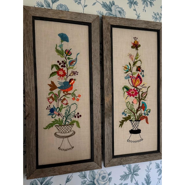 Vintage Textile Framed Wall Art Jacobean Panel Duo Crewel Embroidery Butterfly Bluebird For Sale - Image 10 of 12