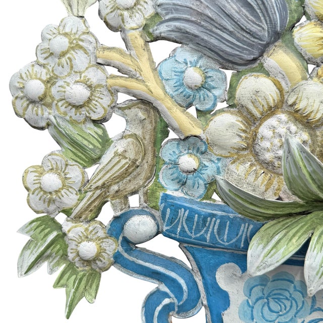 Sky Blue Pair of Painted Tole Wall-Mounted Urns With Flowers For Sale - Image 8 of 17