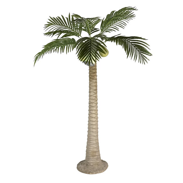 Vintage 1960s floor lamp modeled as a stylized palm tree on a textured circular plaster base. The trunk and base are cast...