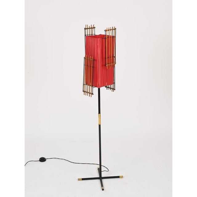 1950s Italian Floor Lamp in Metal, Rattan, Brass and Red Acrylic attributed to Dal Vera, 1950s For Sale - Image 5 of 17
