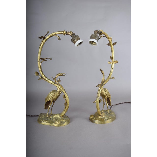 Gold Art Deco Gilt Bronze Sculpted Crane Table Lamps with Branch and Leaf Stems, Europe, 1930s, Set of 2 For Sale - Image 8 of 17