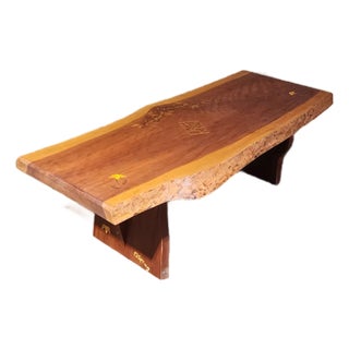 Handcrafted Live Edge Cherry Bench With Bird Motif Inlays by Pj Spring For Sale