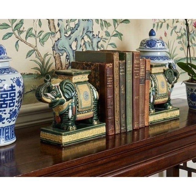 Mid 20th Century Vintage Asian Ceramic Elephant Bookends – Chinese Chinoiserie Decorative Statement For Sale - Image 5 of 13
