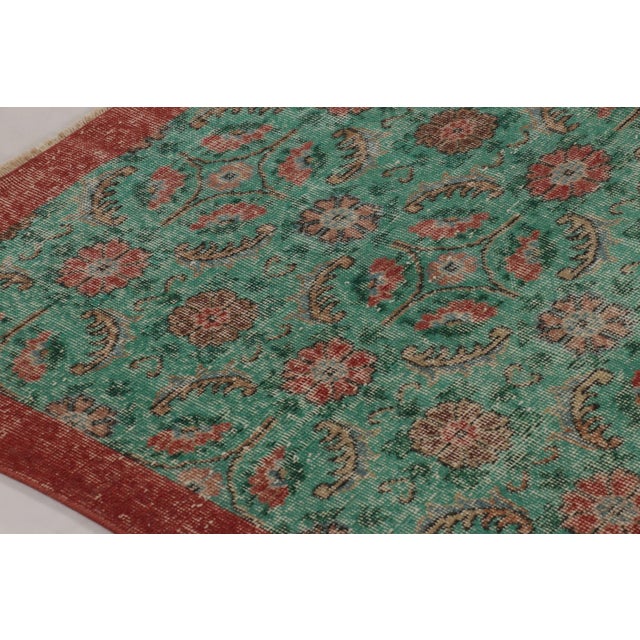 Textile Vintage Distressed Rug With Teal and Red Floral Patterns - Rug & Kilim For Sale - Image 7 of 10