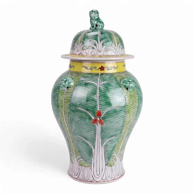 This hand-painted Bok Choy porcelain jar from Jingdezhen is a bold, sculptural statement piece that blends whimsical...