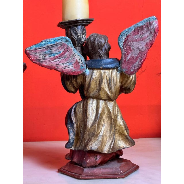 Blue Spanish Baroque Polychrome Angel Torchères on Gilt Pedestals, 1750, Set of 2 For Sale - Image 8 of 9