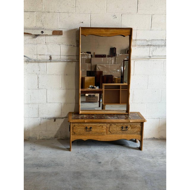 Vintage Danish Oak Entryway Table With Mirror & Tile Top Henning Kjærnulf Style For Sale - Image 4 of 10