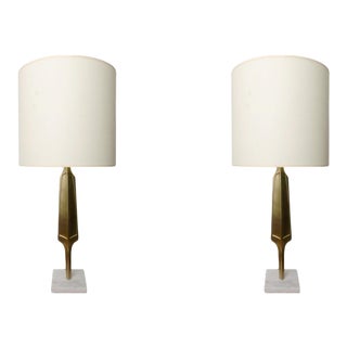 Contemporary Brass Lamps on Square Marble Bases - A Pair For Sale