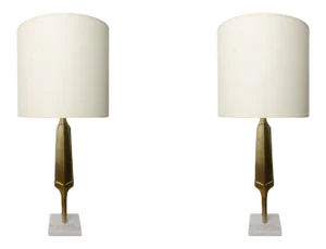 Contemporary Brass Lamps on Square Marble Bases - A Pair