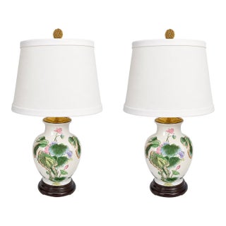 Mid-Century Chinese Export Ceramic Lotus & Floral Table Lamps - Pair For Sale