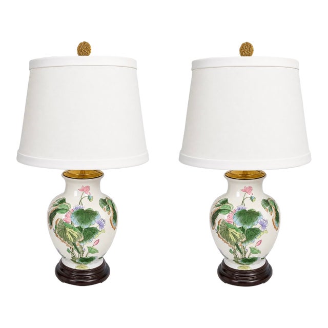 Mid-Century Chinese Export Ceramic Lotus & Floral Table Lamps - Pair For Sale