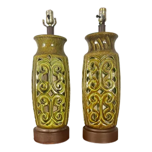 Pair of Mid-Century Modern Double-Lit Green Ceramic Table Lamps With Decorative Motif and Interior Shade Low Light