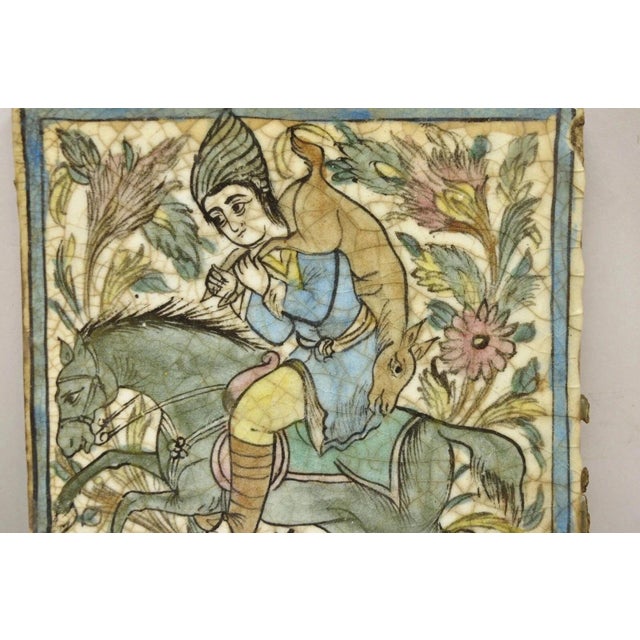 Persian Antique Persian Iznik Qajar Style Ceramic Pottery Square Tile Hunter & Horse C4 For Sale - Image 3 of 10