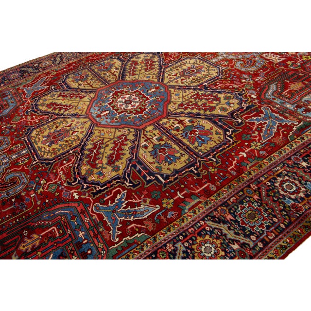 20th Century Antique Heriz Multicolor Floral Medallion Wool Rug For Sale In New York - Image 6 of 9