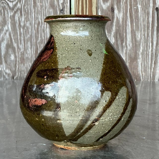 Olive Vintage Boho Original Studio Pottery Vase For Sale - Image 8 of 9