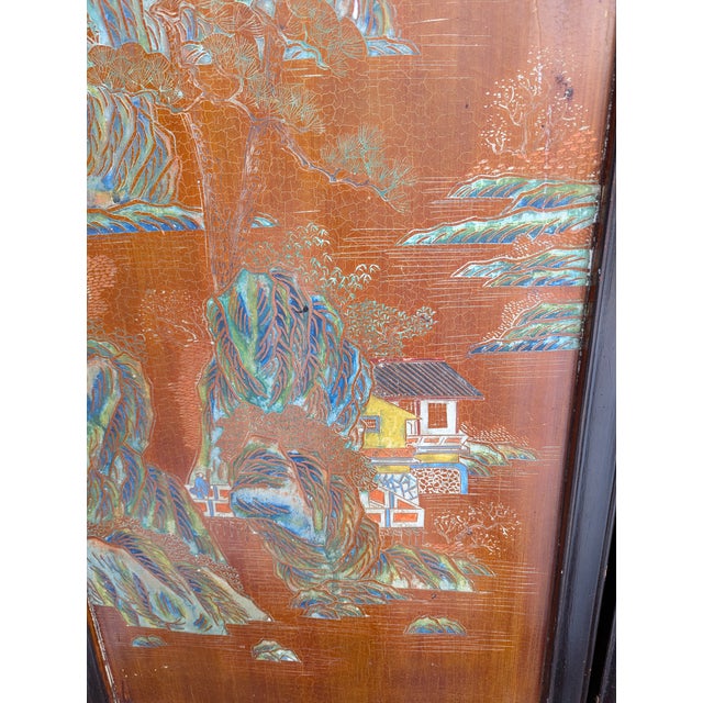 1940s Chinese Coromandel Four Panel Hand Painted Folding Screen /Partition For Sale - Image 13 of 17