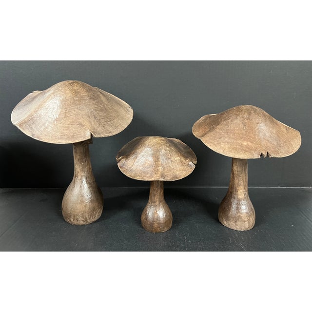 Wood Late 20th Century Set of 3 Folk Art Carved Wood Mushroom Sculpture #M45 For Sale - Image 7 of 10