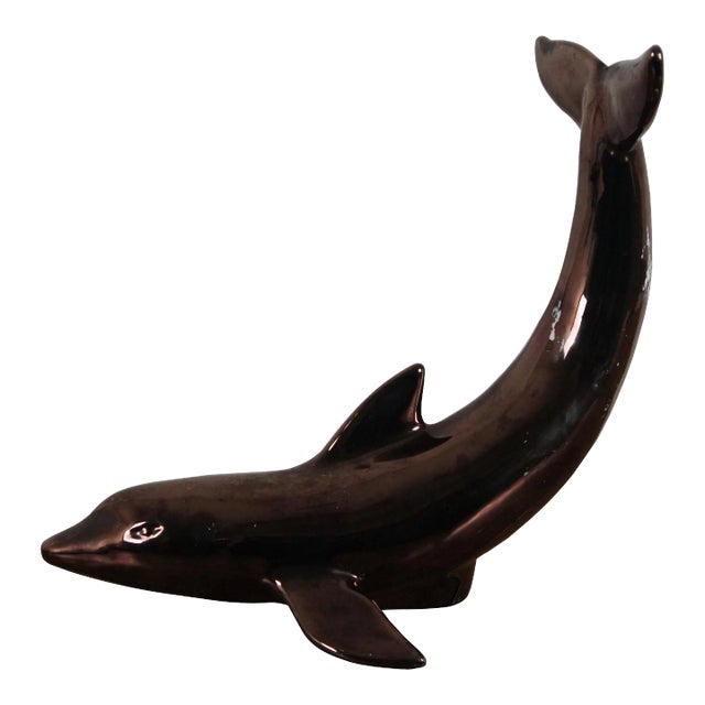 Vintage Iridescent Metallic Bronze Finish Porcelain Dolphin Figurine Sculpture For Sale