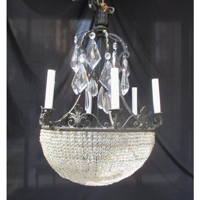 Crystal Basket Bowl with six chandelier arms. Tall and wide bowl with graduated crystal beads and large cut drops around...