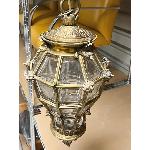 Early 20th Century Early 20th Century Brass & Beveled Glass Lantern Pendant Light For Sale - Image 5 of 10