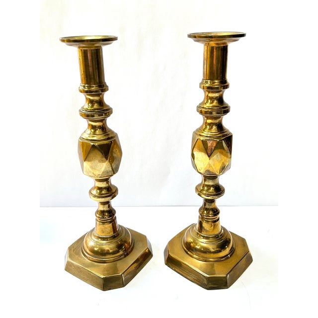 Late 19th Century Antique English Brass Jubilee Candlesticks – King of Diamonds Victorian Pair For Sale - Image 5 of 9