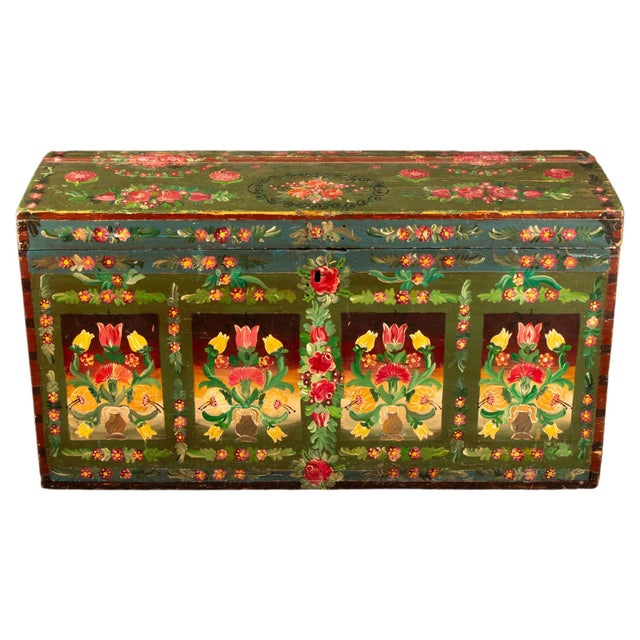 This exquisite early 19th-century painted trunk showcases the artistry and craftsmanship of its era. Adorned with vibrant...