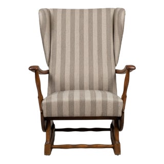Vintage Hungarian Rumba Wingback Rocking Chair in Beige Striped Fabric with Wooden Rockers For Sale