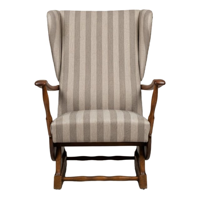 Vintage Hungarian Rumba Wingback Rocking Chair in Beige Striped Fabric with Wooden Rockers For Sale