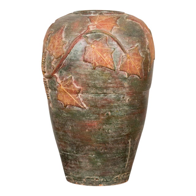 Vintage Thai Garden Vase with Vine Leaves Motifs, Orange and Green Tones For Sale