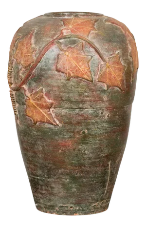 Vintage Thai Garden Vase with Vine Leaves Motifs, Orange and Green Tones