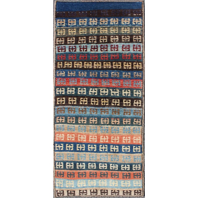 Textile Mid 20th Century Vintage Turkish Tulu Rug With a Modern Striped With Tribal Design For Sale - Image 7 of 7