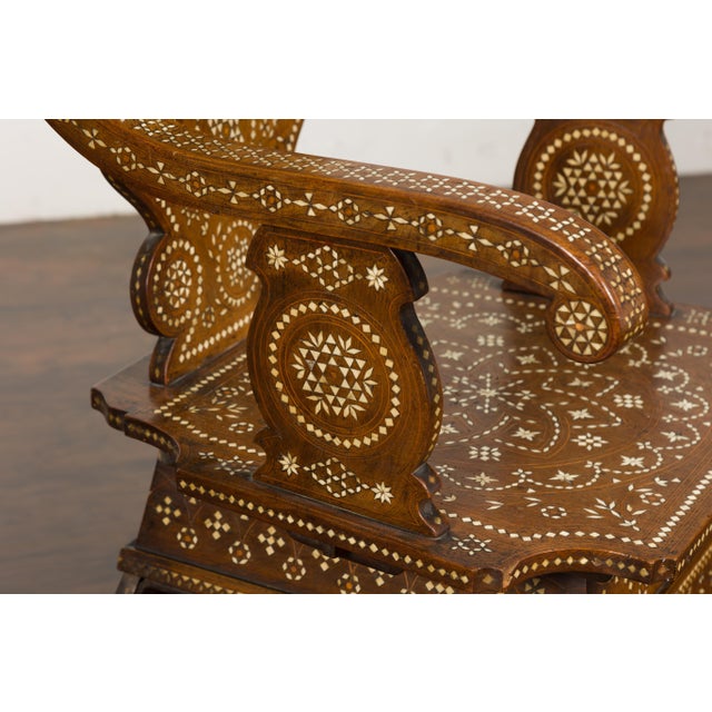 Moroccan Moroccan Richly Inlaid Armchair with Carved Back and Scrolling Arms, circa 1900 For Sale - Image 3 of 12