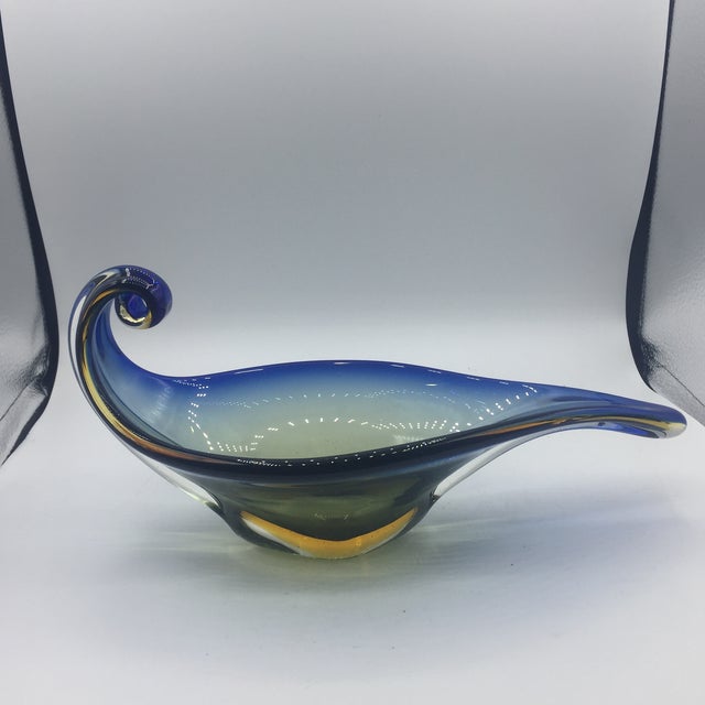 Glass Murano Blue Green and Yellow Handled Dish For Sale - Image 7 of 7