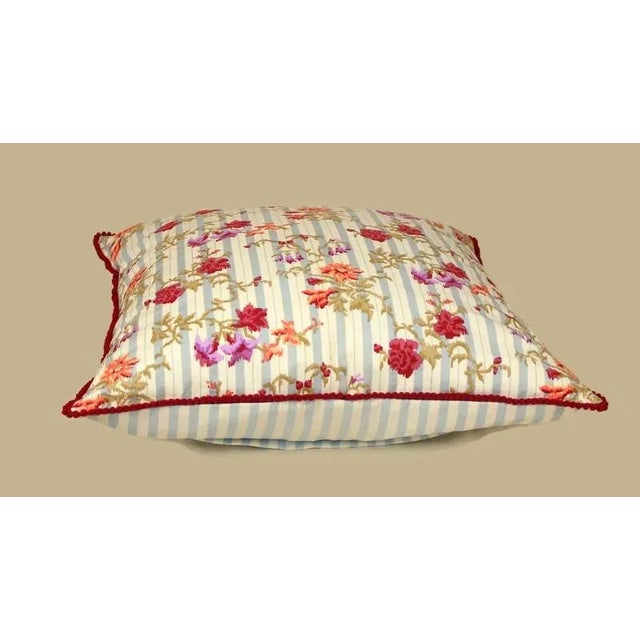 Vintage 1980s Jane Churchill Floral Stripe Pillow Cover With Pom Pom Trim For Sale - Image 11 of 12