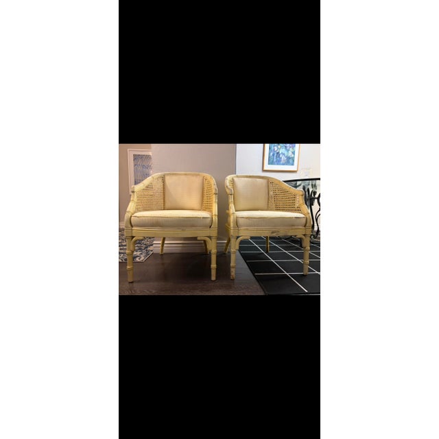 Cream Vintage Solid Wood Faux Bamboo & Cane Barrel Chairs - Pair - Needs Reupholstery For Sale - Image 8 of 8