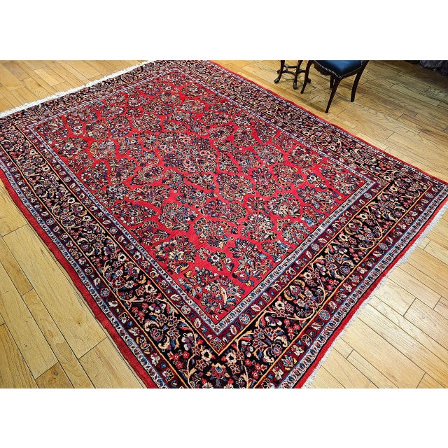 Antique Persian Sarouk Area Rug, Hand-Knotted Wool, Allover Floral Pattern, 9x11, Red & Navy For Sale - Image 15 of 16