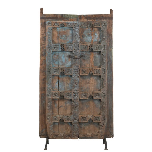 Indian Antique Indian Carved Teakwood Door on Iron Stand For Sale - Image 3 of 3