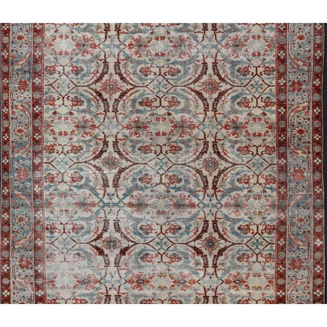 Antique Persian distressed Tabriz rug with all-over floral design in ivory, red, brown, light blue, rug EMB-8507 , country...