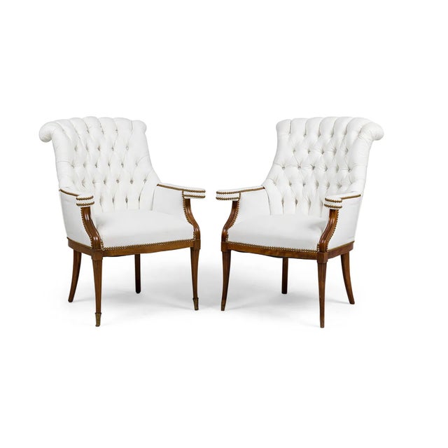 1940s Pair of Grosfeld House Style Tufted Wingback Armchairs in Ivory Linen For Sale In New York - Image 6 of 6