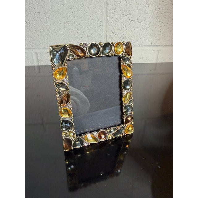 Lovely vintage frame with larger Amber, gold and greenish-gray faux stones with smaller rhinestones, all set in a bronze...