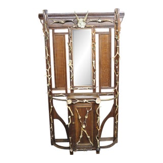 Adirondack Style Oak Hall Rack With Antler Detail For Sale