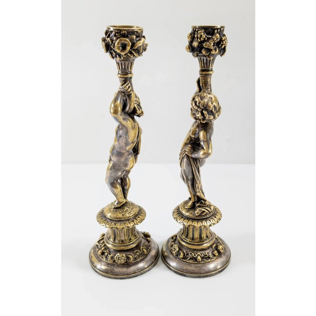 19th Century Pair of French Silvered Bronze Candlestick in Cherub or Putti Form For Sale - Image 9 of 12