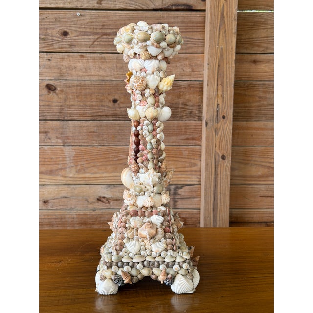 Vintage Handcrafted Coastal Seashell Encrusted Wood Pedestal Candleholder For Sale - Image 11 of 12