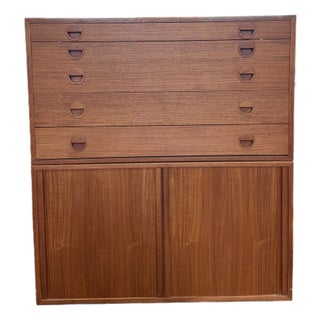 1970s Danish Modern Teak Modular Wall Unit Cabinet With Tambour Doors & Flat File Drawers For Sale