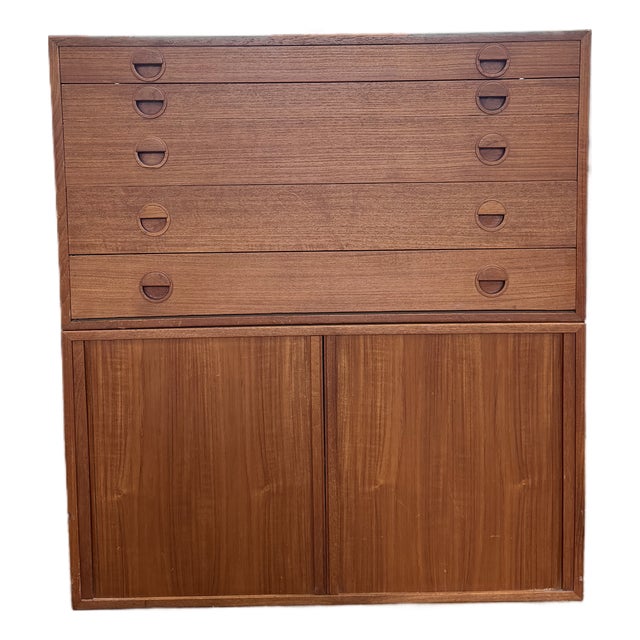 1970s Danish Modern Teak Modular Wall Unit Cabinet With Tambour Doors & Flat File Drawers For Sale