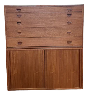 1970s Danish Modern Teak Modular Wall Unit Cabinet With Tambour Doors & Flat File Drawers