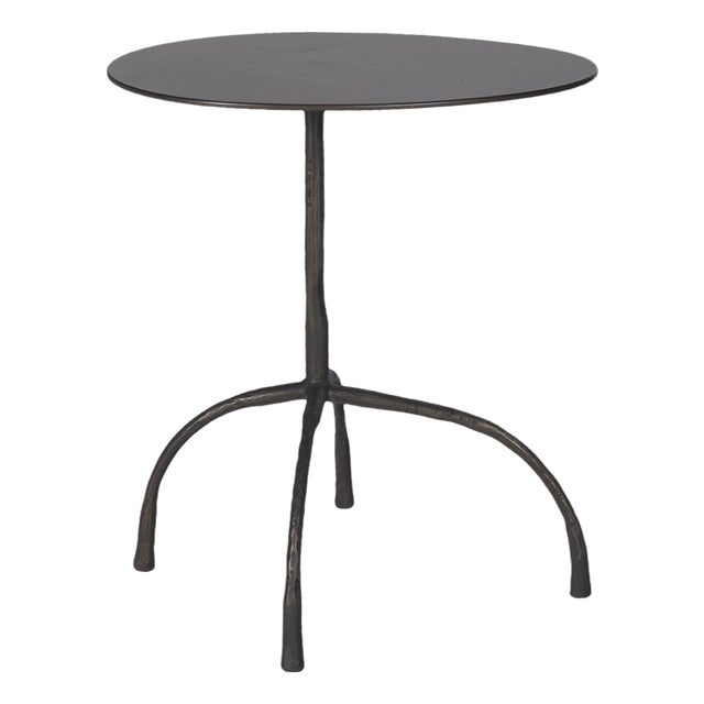 Patinated Steel Side Table With Hammered Metal Leg For Sale