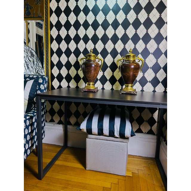Brown 1970s Grand Neoclassical Patinated Metal Urns With Gilt Scroll Handles, Pair, 16" For Sale - Image 8 of 15